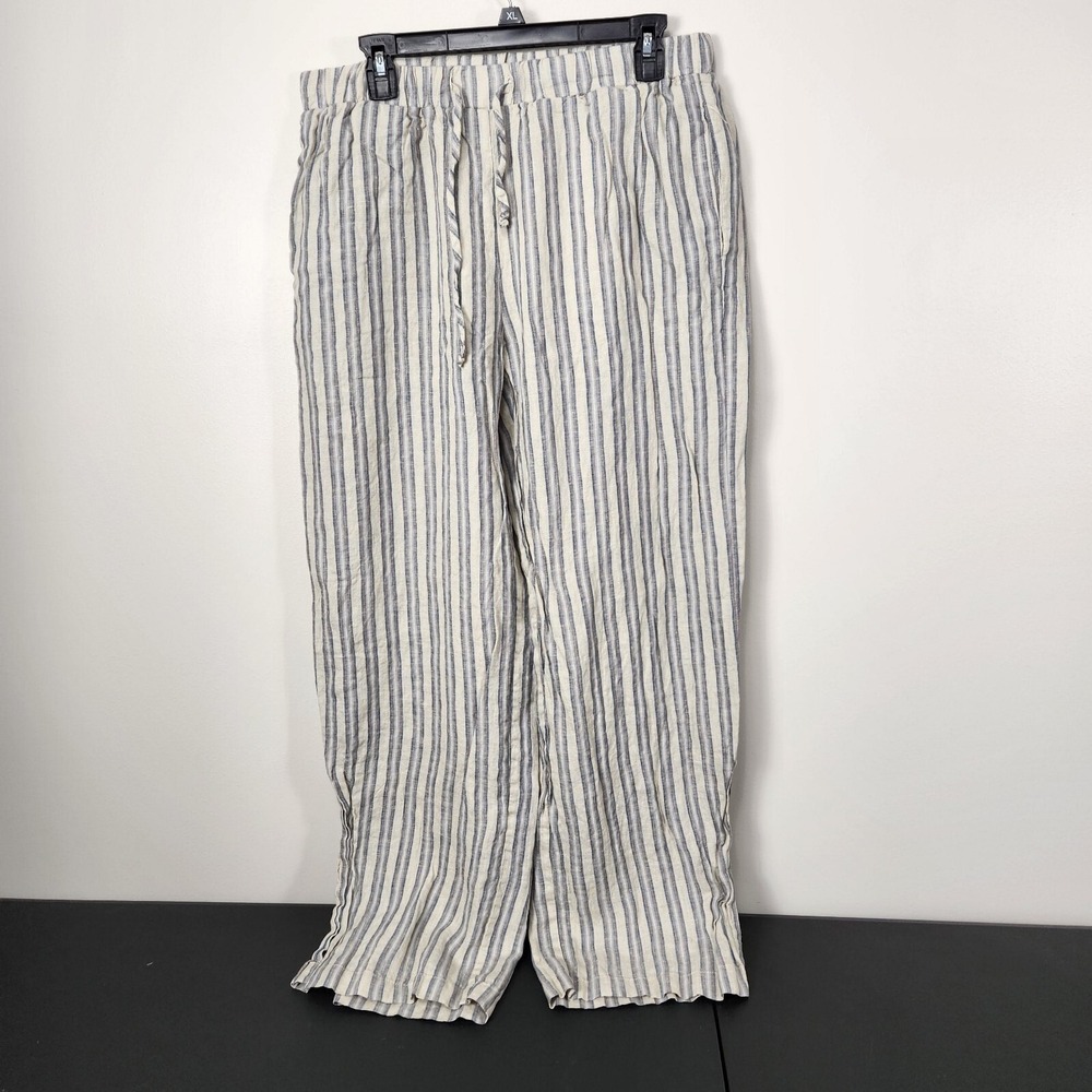 Sinuous Women Linen‎ Stripe Wide Leg Side Slit Pants L Cream Blue Pull On